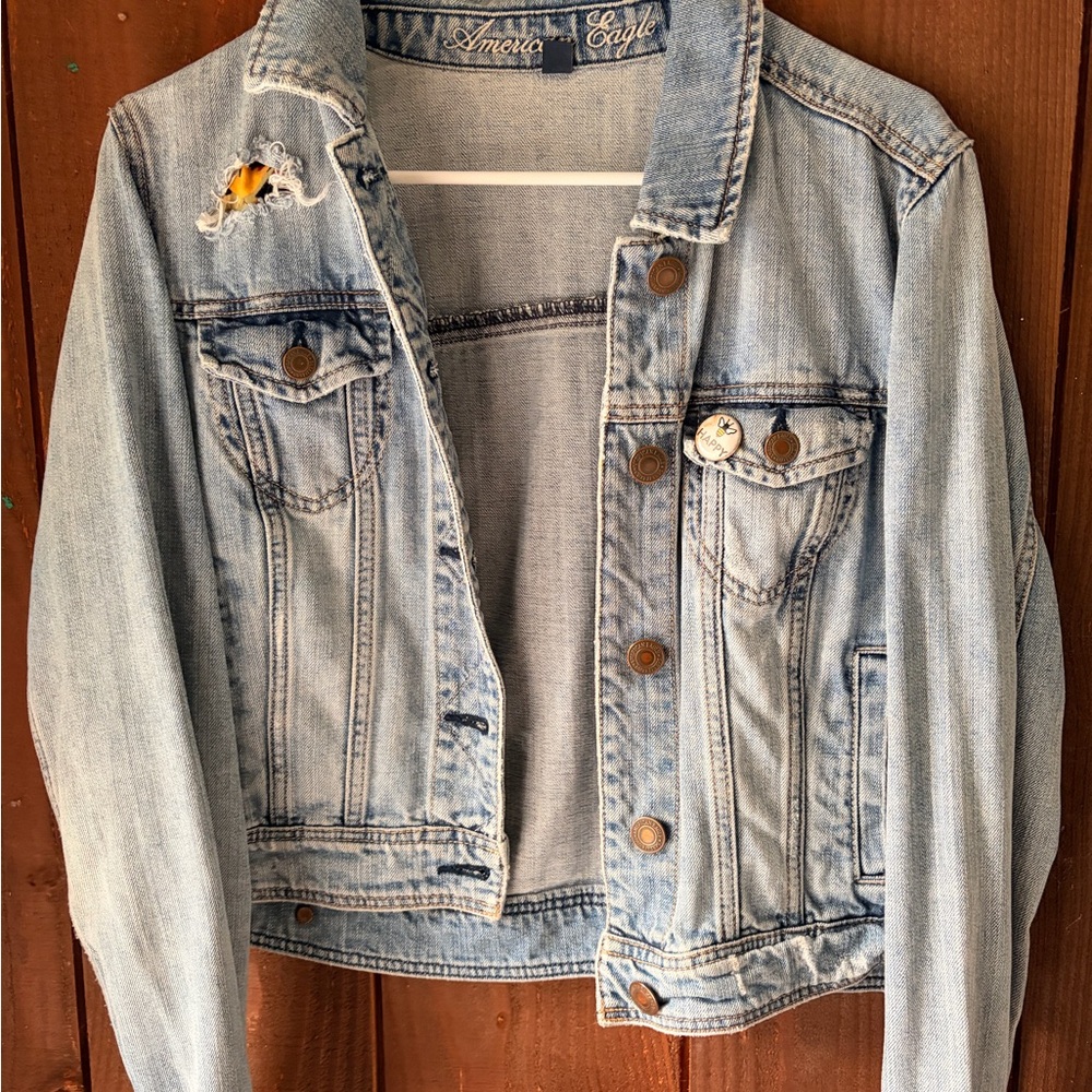 American Eagle Outfitters Light Blue Jean Jacket with pin